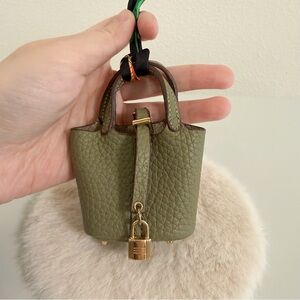 Top Grain Leather Mini Tote Bag Charm Olive Green Mini Purse Charm